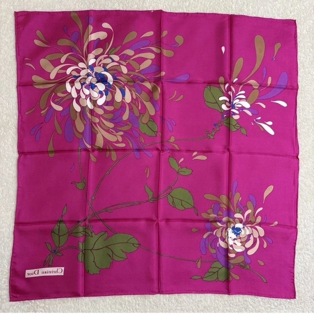 Christian Dior Silk Scarf 30in Fuchsia Pink Floral Botanical Leaves Design